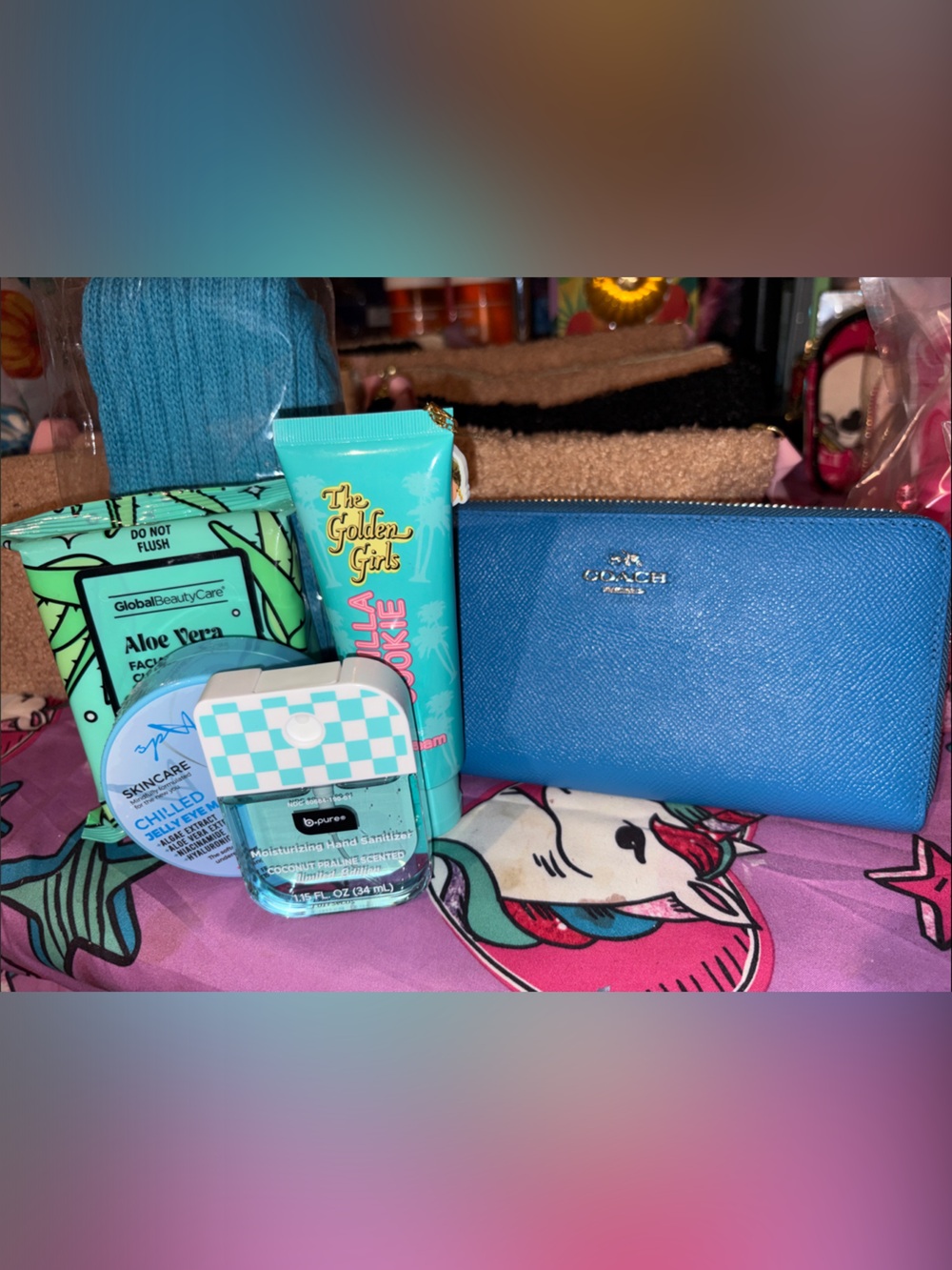 Coach Turquoise Blue Leather Zip Wallet with Silver Logo bundle
